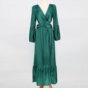 Rahi Satin Leila Luster Long Sleeve Cut Out Maxi Dress Size M NWOT Jade Green
